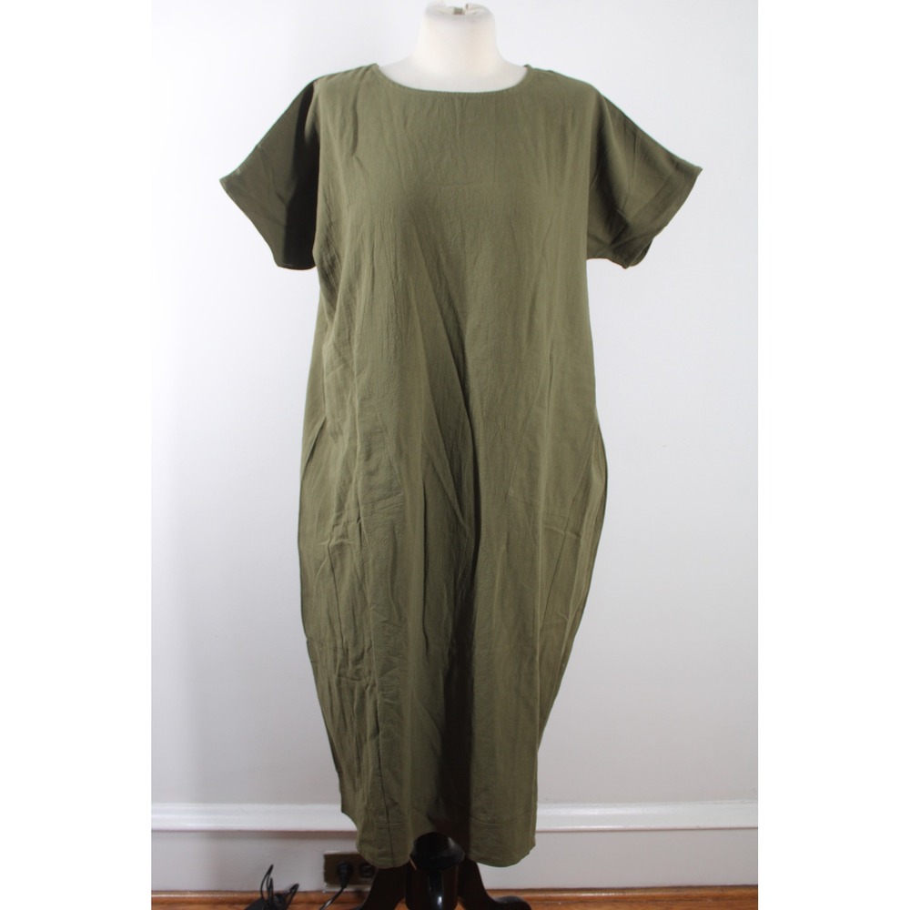 Vtg Eileen Fisher S Green Short Sleeve Midi Shift Dress Lightweight Cotton